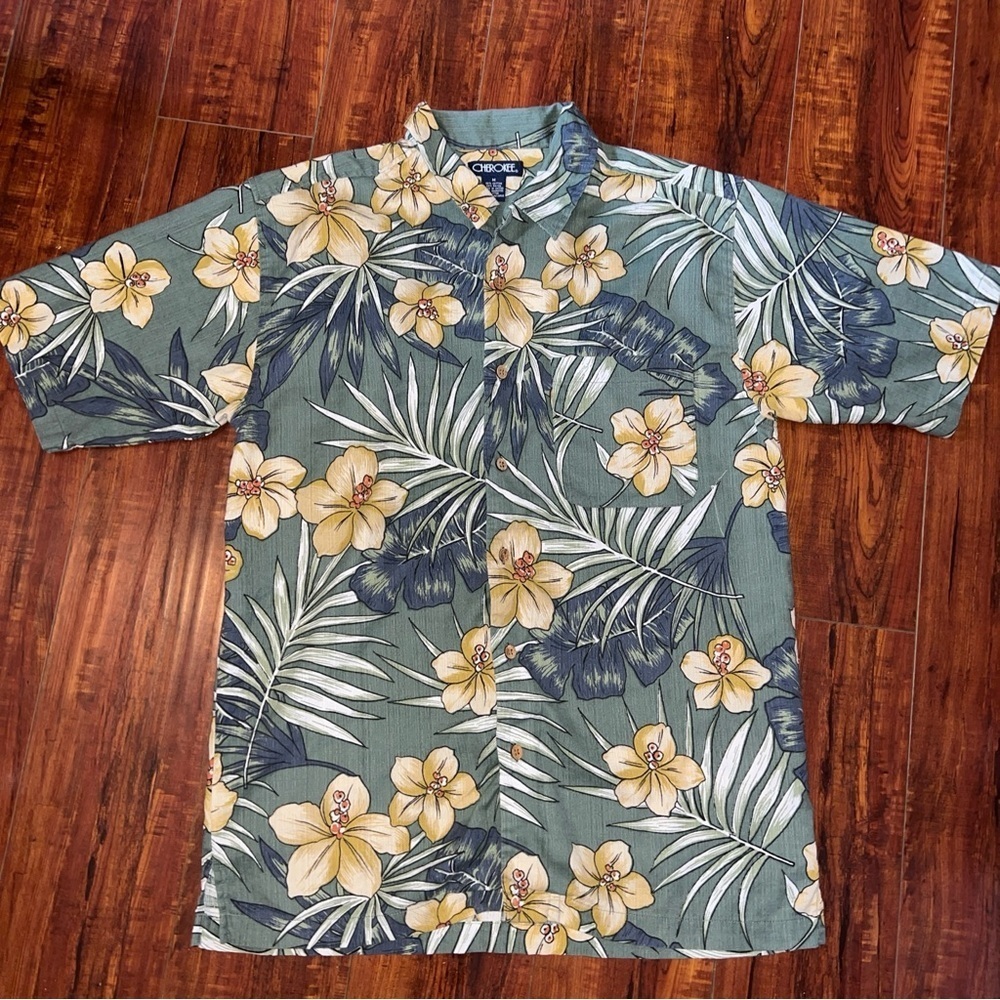 Cherokee Hawaiian Shirt Green Floral Men's Sz Medium Short Sleeve Preowned!!